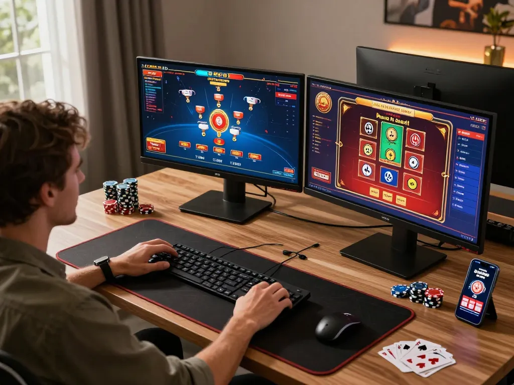 Experience immersive gameplay at MM88 TODAY with an online gaming setup showcasing poker and slot games.