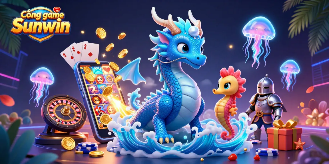 Cổng game Sunwin offers immersive gaming with a vibrant 3D scene of characters and casino elements.