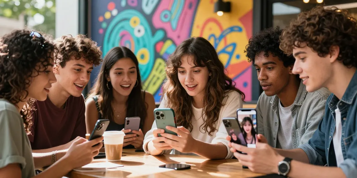 Young woman exploring celebrities look alike results in lively urban café with friends.