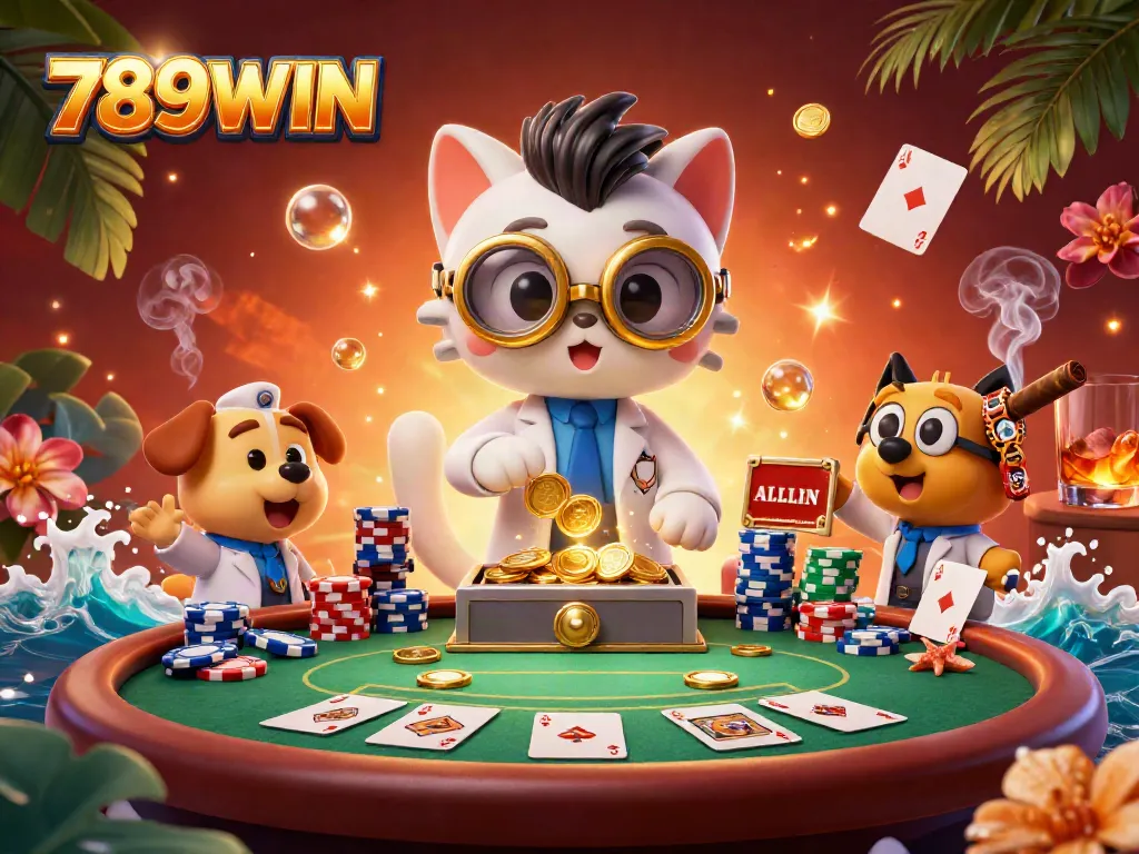 Engage in thrilling gameplay at 789WIN with a playful illustration of a scientist cat creating coins amidst poker excitement.