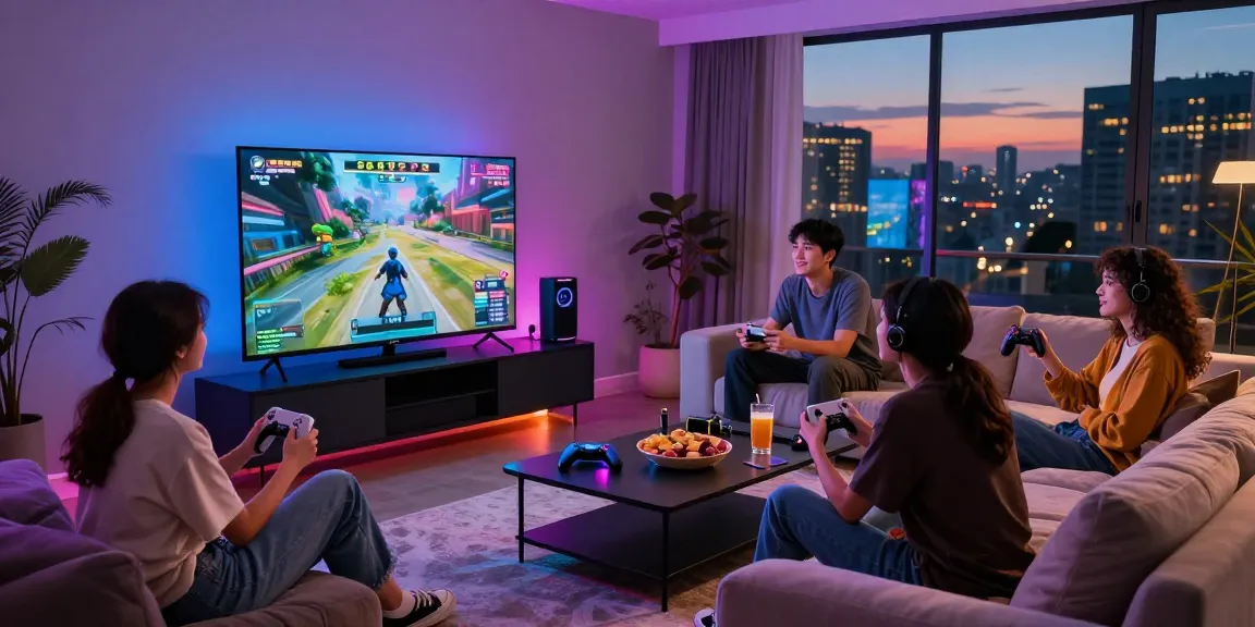 Friends enjoying iwin gaming night in a stylish living room with snacks and drinks.
