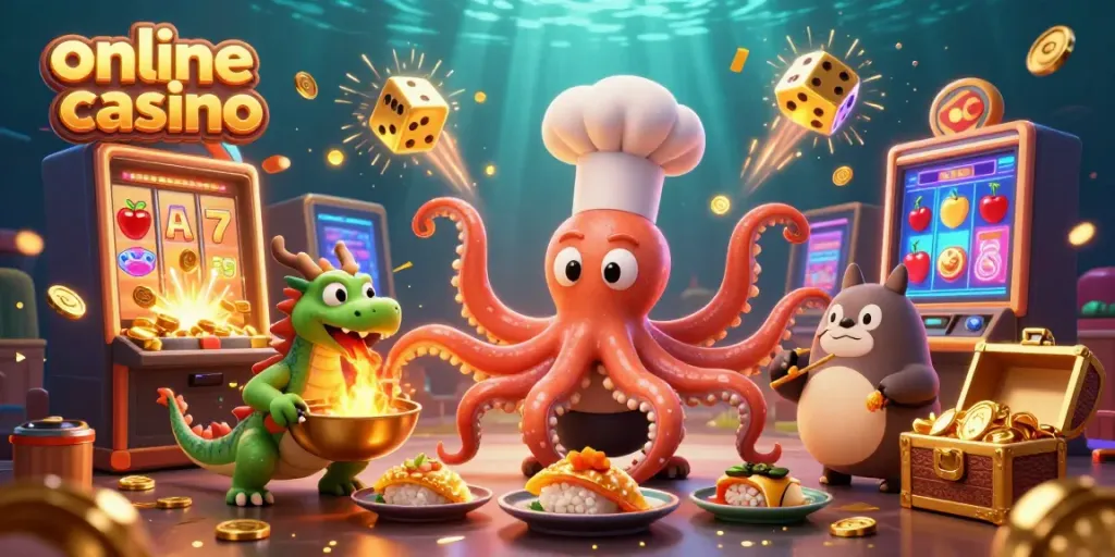 Experience the excitement of an online casino with our vibrant, animated cartoon scene.