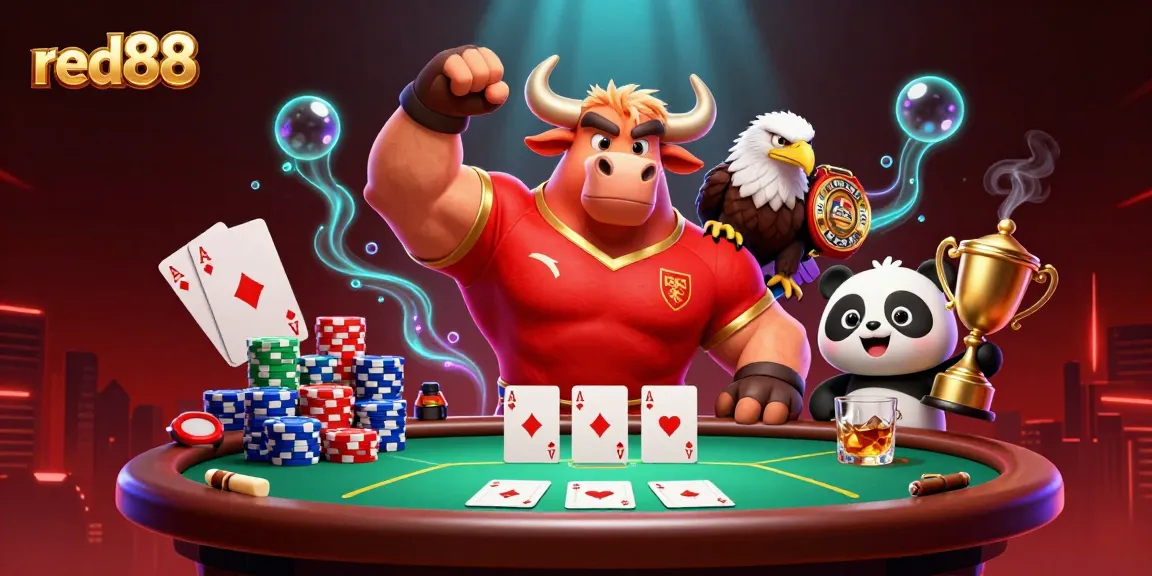 Experience red88's thrilling casino atmosphere with a lively 3D mascot ensemble.