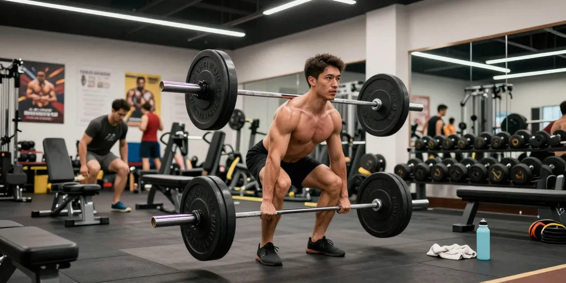 Kraftsportler trainiert im Anabolika Shop Deutschland Fitnessstudio, konzentriert auf die richtige Kreuzheben-Form umgeben von Fitnessgeräten.