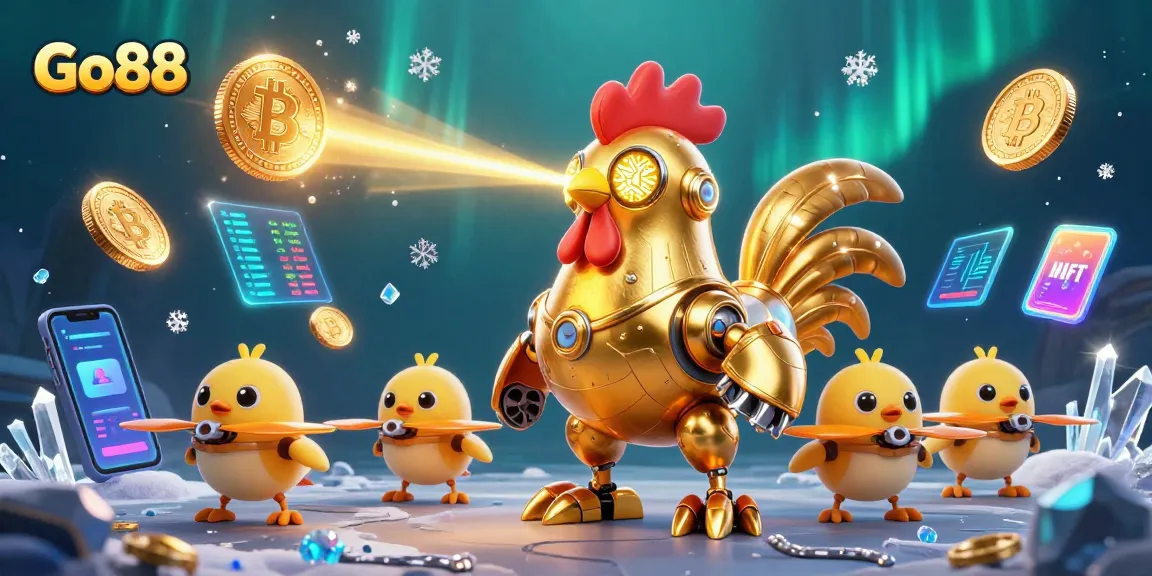 Engage with Go88's vibrant gaming experience featuring a golden robot and crypto elements.