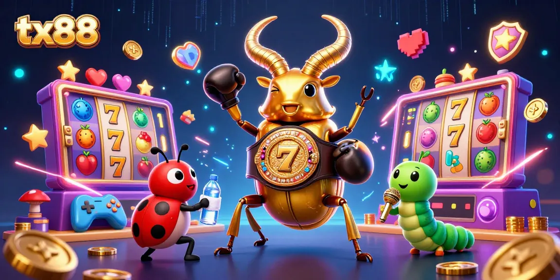tx88 slots showcase with a golden stag beetle champion amidst exciting game elements.