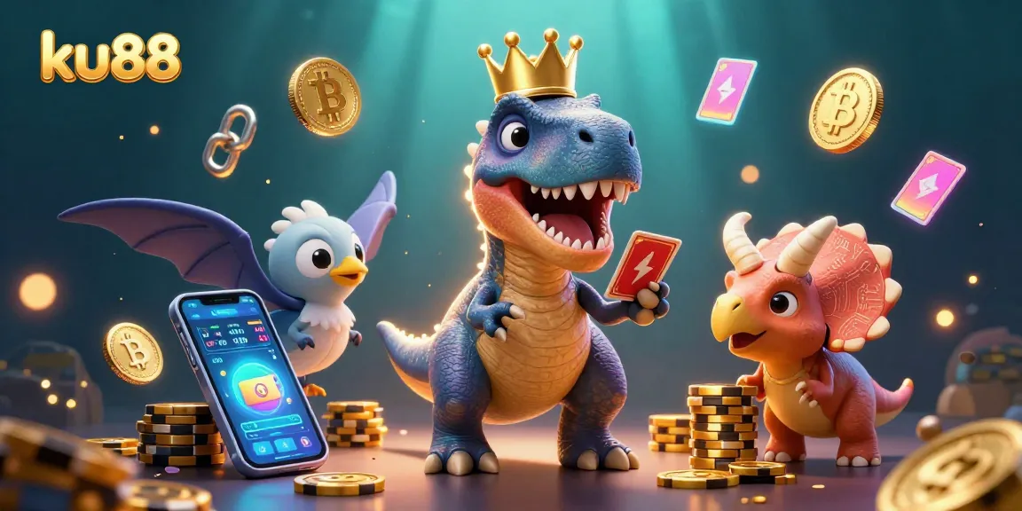 ku88 bursts into action with cartoon dinosaurs shuffling cards and stacking chips in a vibrant casino scene