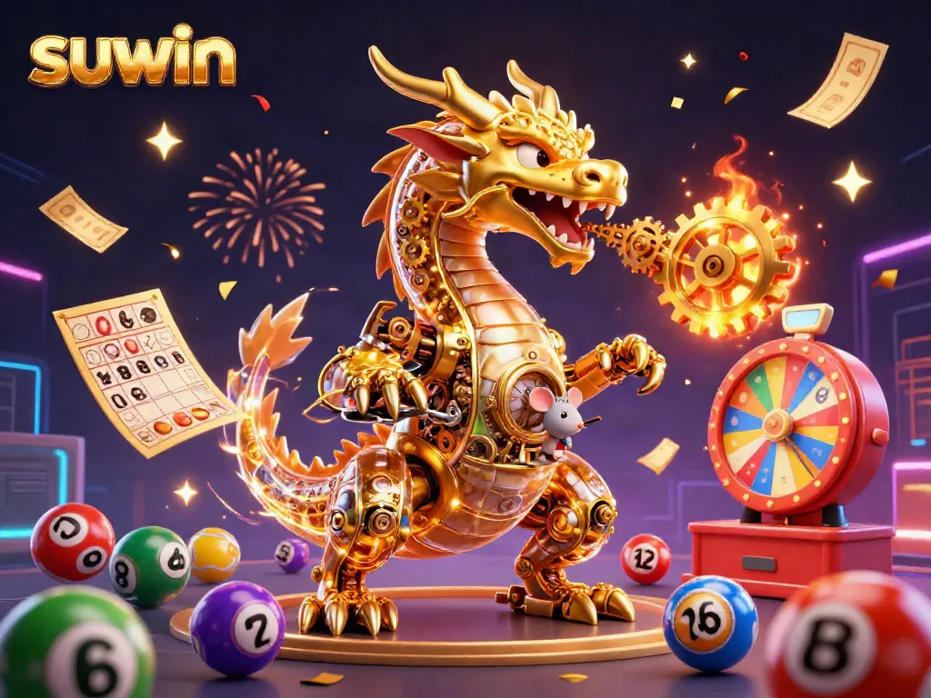 Suwin engages players with vibrant lottery balls and a golden dragon in a festive casino scene.