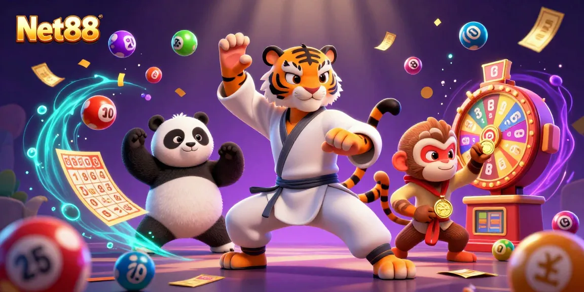 Engage with Net88's dynamic gaming world, showcasing fun characters and lottery elements.