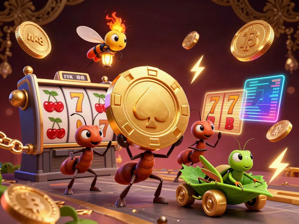 Experience the excitement of nk 88 as cartoon ants pull off a heist for a golden poker chip in a vibrant casino scene.