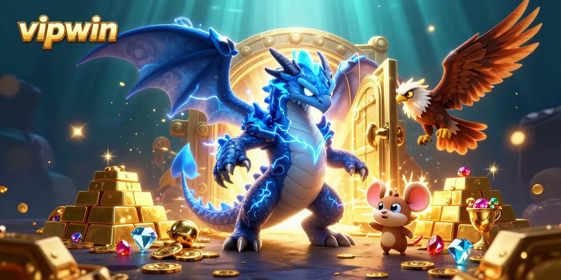 Engage with vipwin's thrilling gaming experience featuring dynamic characters and golden treasures in a vibrant casino scene.