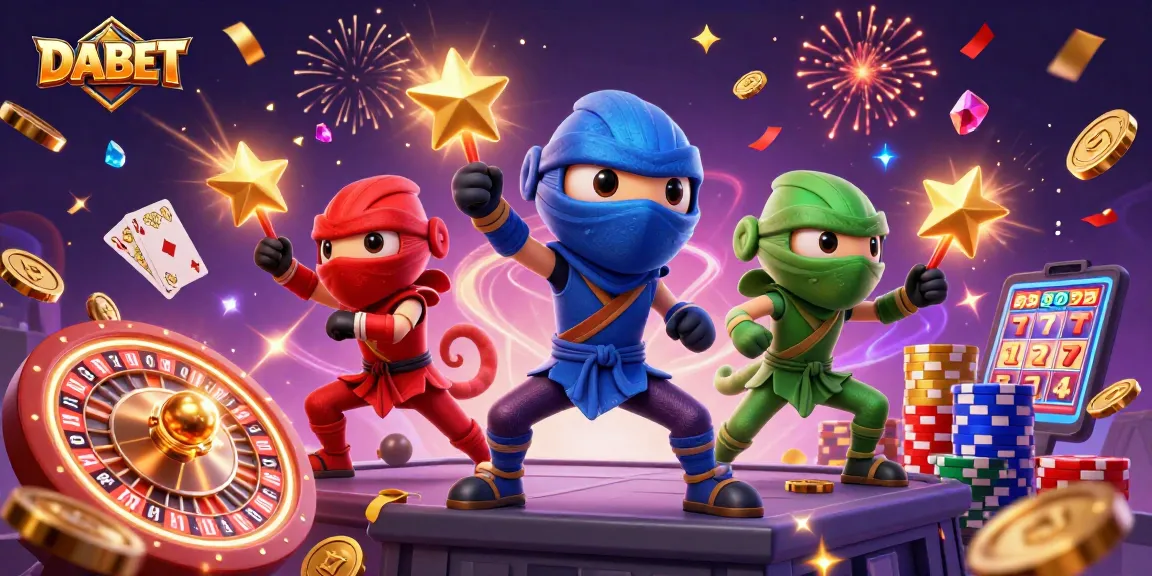 DABET showcases thrilling casino action with a vibrant ninja chameleon team amid sparkling casino elements.