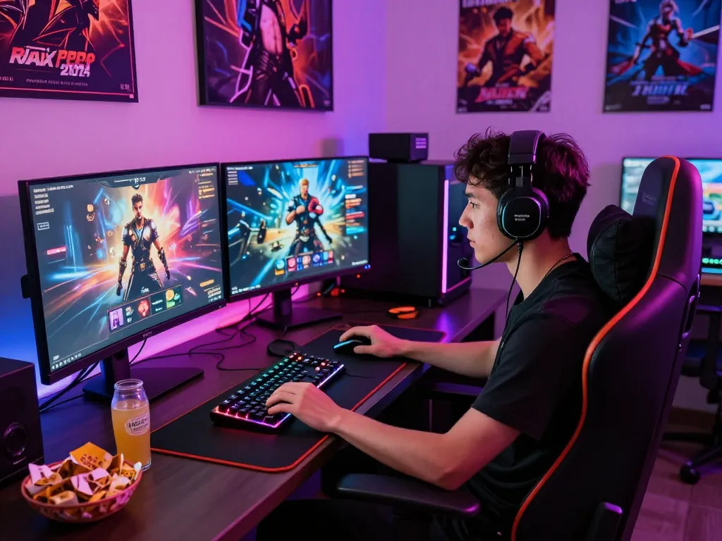 Engaging gamer immersed in online porn games with vibrant LED setup and gaming gear.