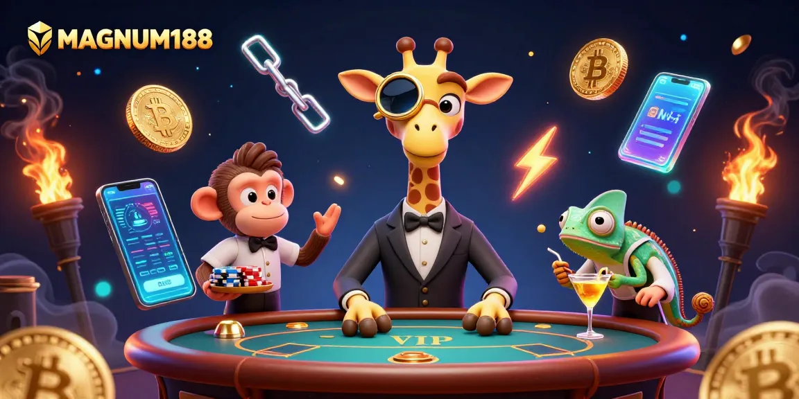 Experience the excitement of MAGNUM188 with vibrant gambling elements and characters in a dynamic casino scene.