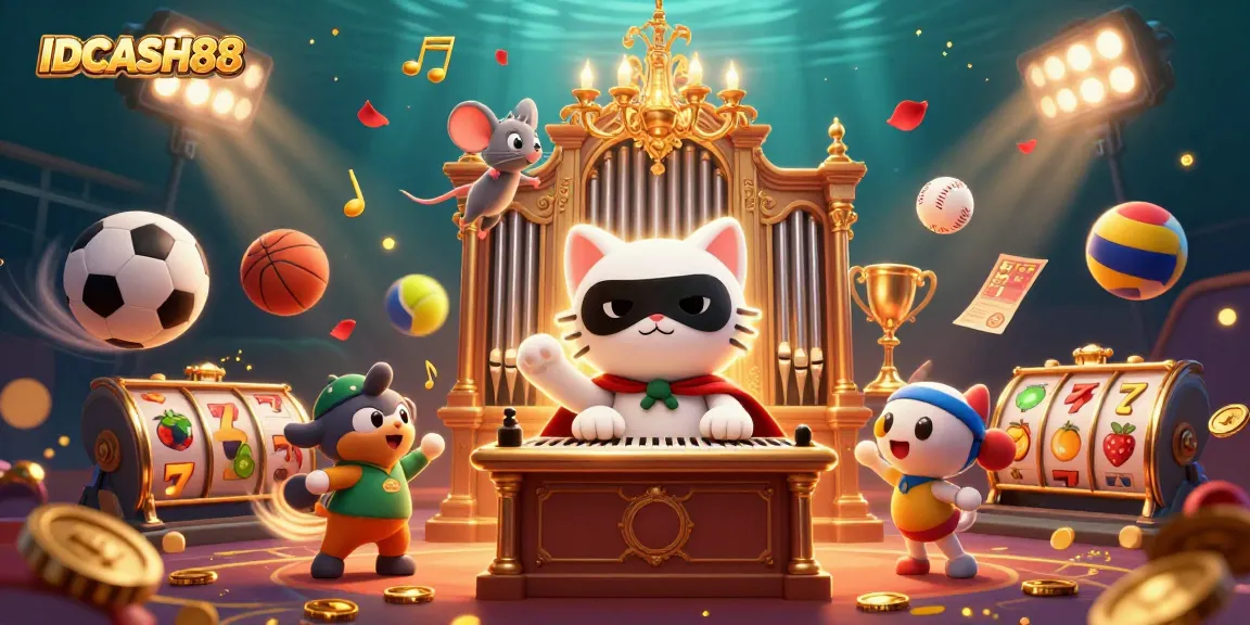 Experience thrilling wins at IDCASH88 with a dazzling casino scene featuring whimsical characters and sports themes.