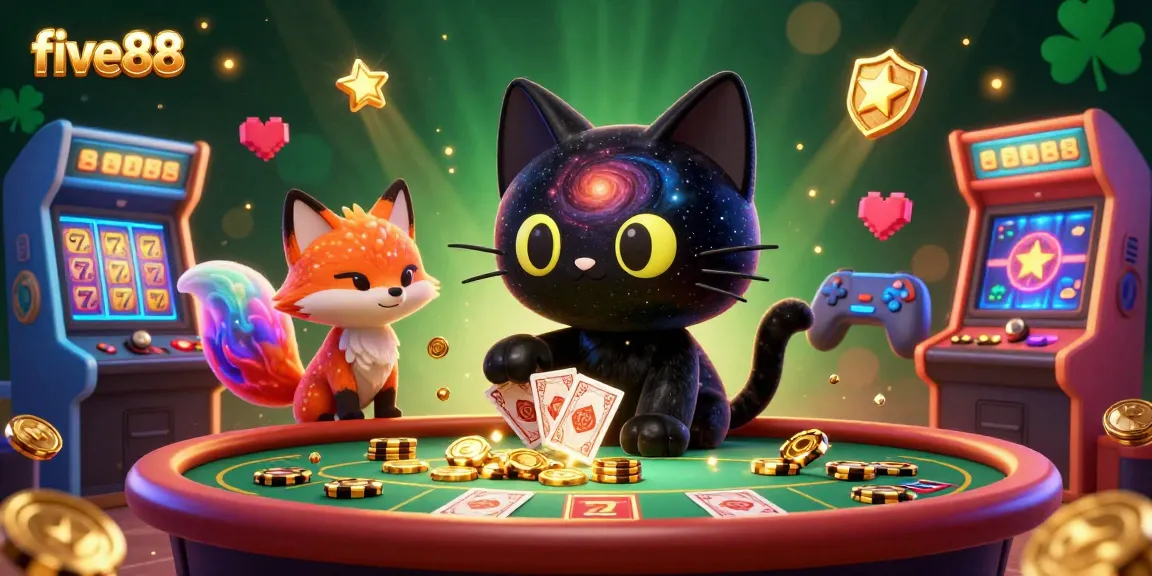 Engage with five88's vibrant gaming universe, featuring cosmic characters and slot game elements in a colorful casino.