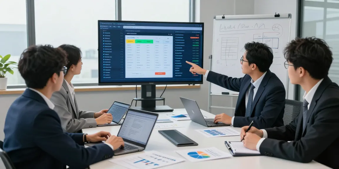 Team discussing strategies to detect fraud invoice in a modern office setting, with data displayed on screens and collaborative spirit.