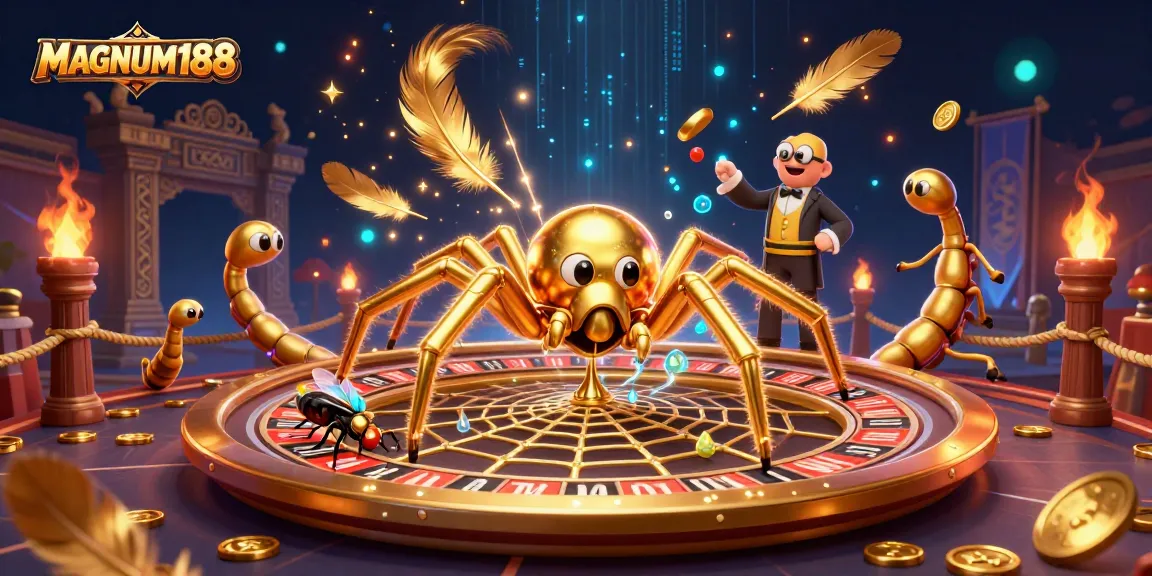 Bet on MAGNUM188 with the thrilling 3D scene featuring a golden spider and croupier in an electrifying casino atmosphere.