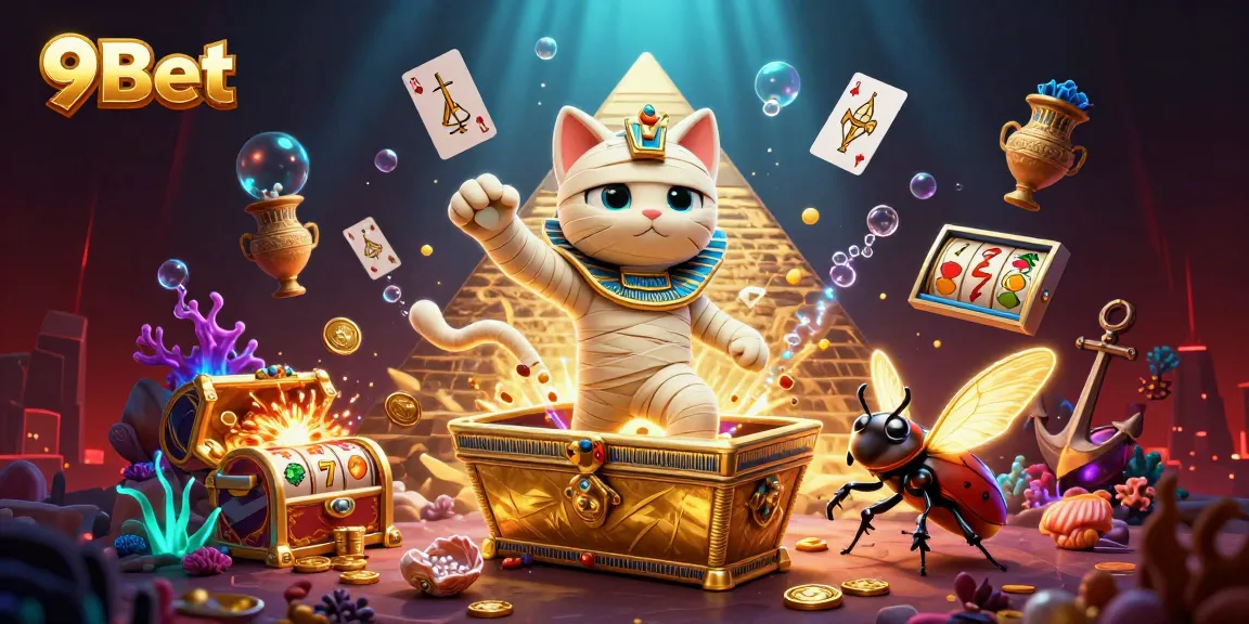 Win big at 9Bet with this vibrant illustration featuring a pyramid casino and dynamic characters.