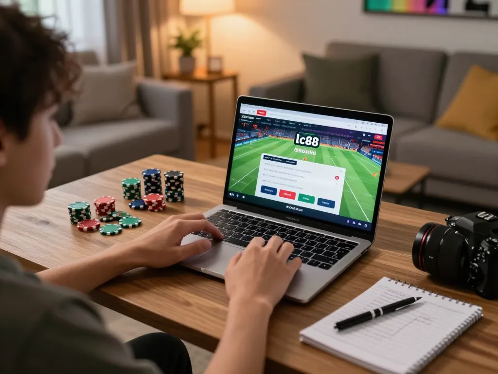 Engaging with the lc88 link while betting online in a cozy home setting, demonstrating strategic planning.