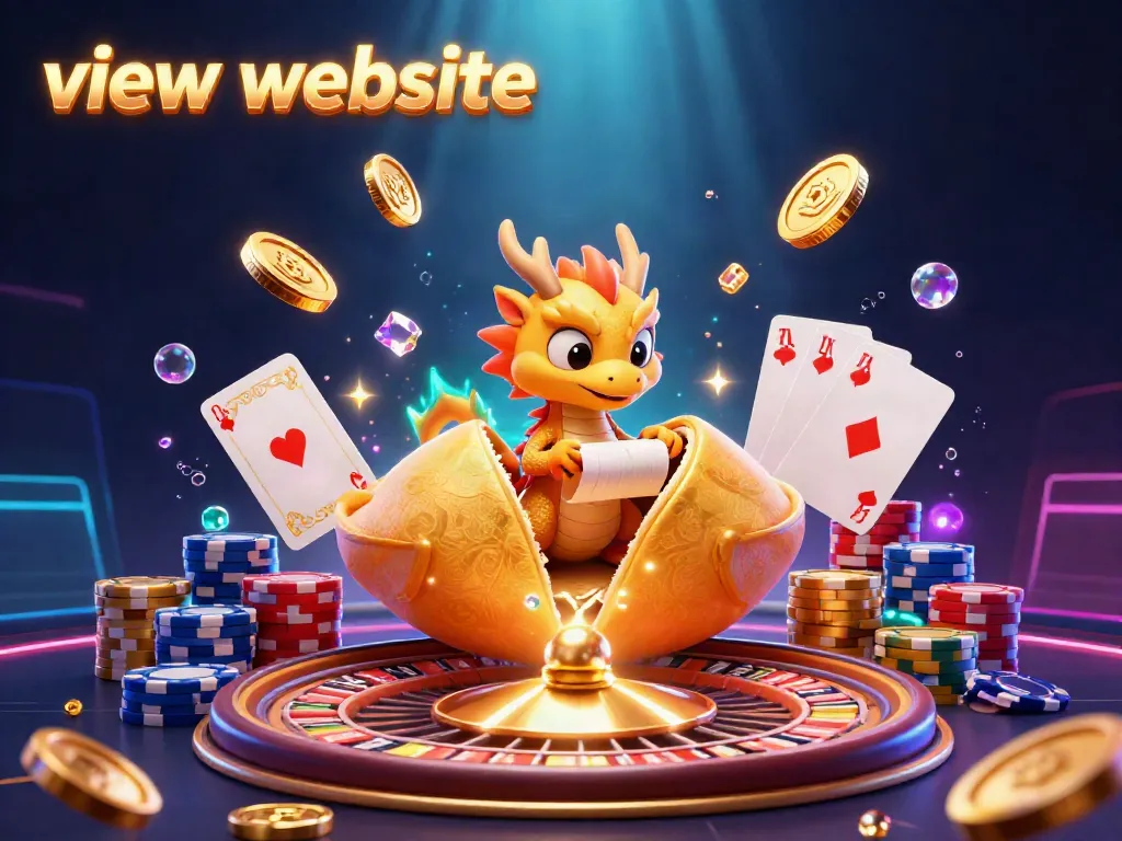Engaging scene showcasing the fun of gambling as dragon guards golden fortune cookie amidst cascading coins and colorful poker chips while inviting players to view website for gaming.