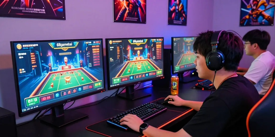 Player engaging with 68gamebai in an exciting online casino atmosphere with vibrant lighting and gaming accessories.