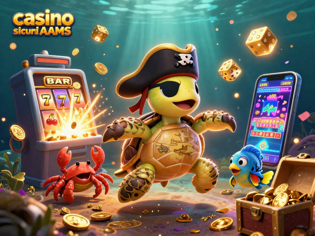 Gioca ai casino sicuri non AAMS con la tartaruga pirata e i simboli delle slot in un'illustrazione vivace.