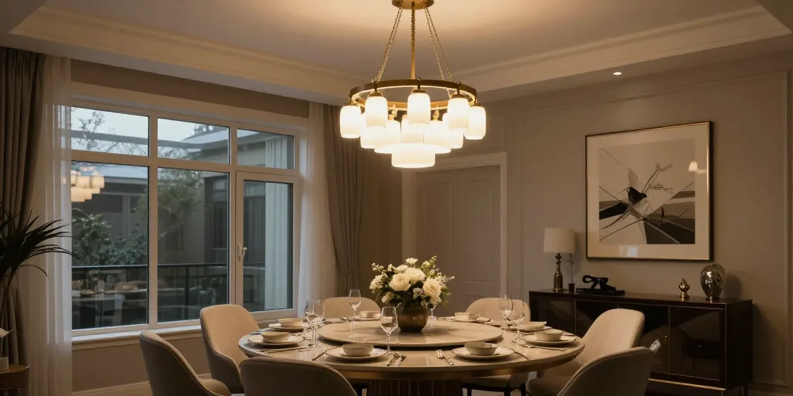 Candelabre led elegante iluminând un interior sofisticat, cu o masă de dining pregătită.