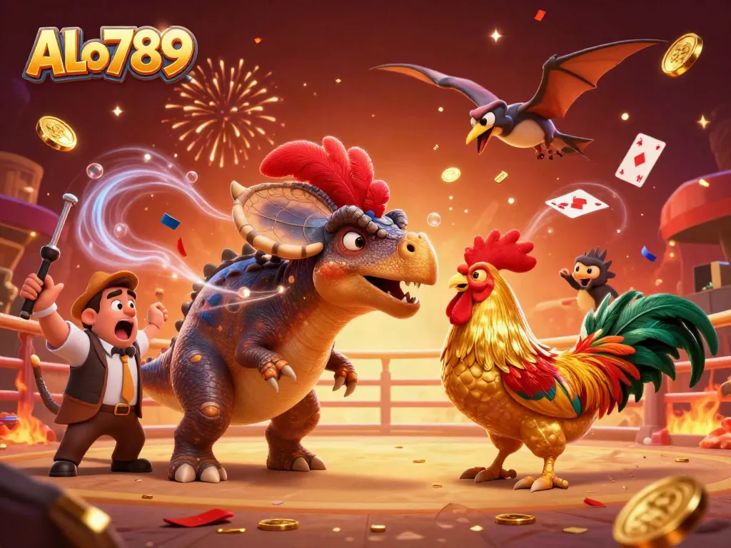 Engage with ALO789's thrilling cockfighting action, as a pachycephalosaurus interacts with a vibrant casino scene.