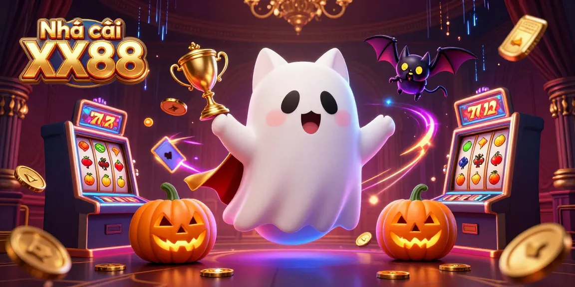 Experience Nhà cái XX88's thrilling casino environment with a friendly ghost cat, vibrant games, and exciting betting action.