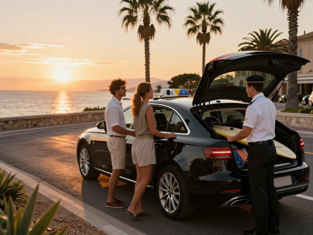 Service de taxi Saint-Tropez avec un véhicule élégant et un chauffeur professionnel au coucher du soleil.