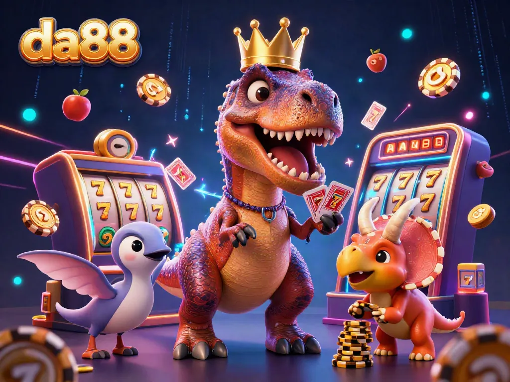Experience thrilling gameplay at da88 with a T-Rex shuffling cards in a vibrant casino scene.