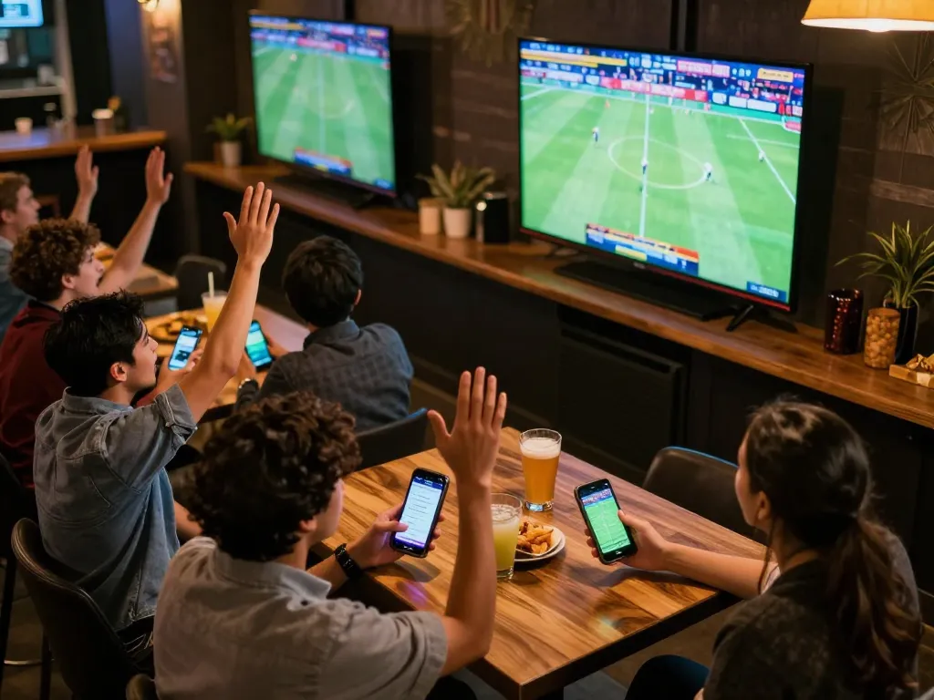 Engaged sports fans tracking tỷ lệ kèo nhà cái 5 during live football games at a sports bar