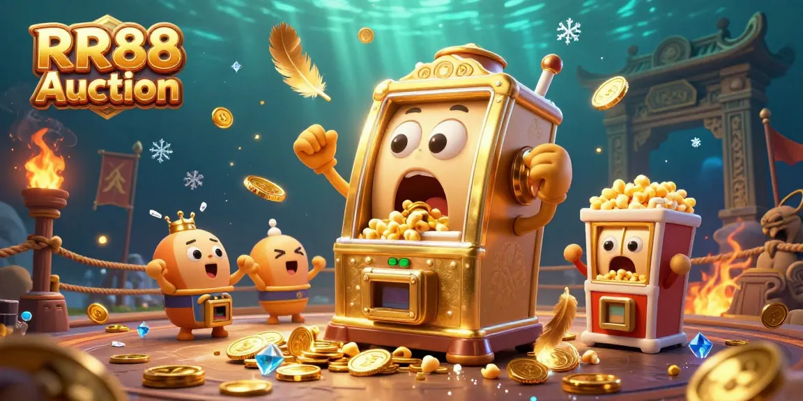 Experience the thrill of RR88 Auction with vibrant cartoon slot machines celebrating a jackpot amidst gold coins and dynamic effects.