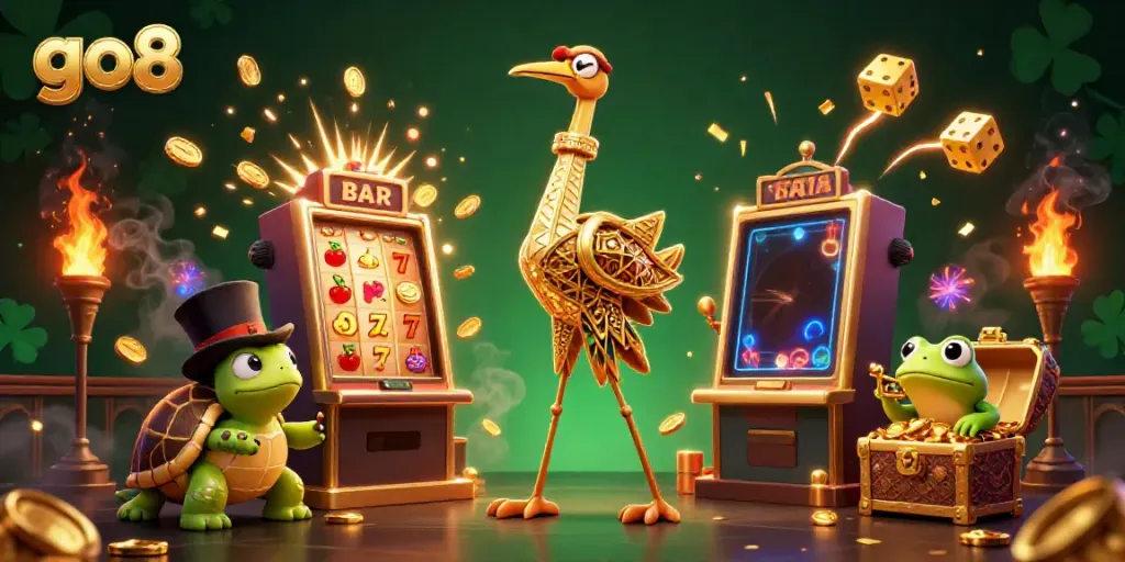 Experience the excitement of go8 with a vibrant 3D cartoon casino scene, featuring unique characters and dynamic game elements.