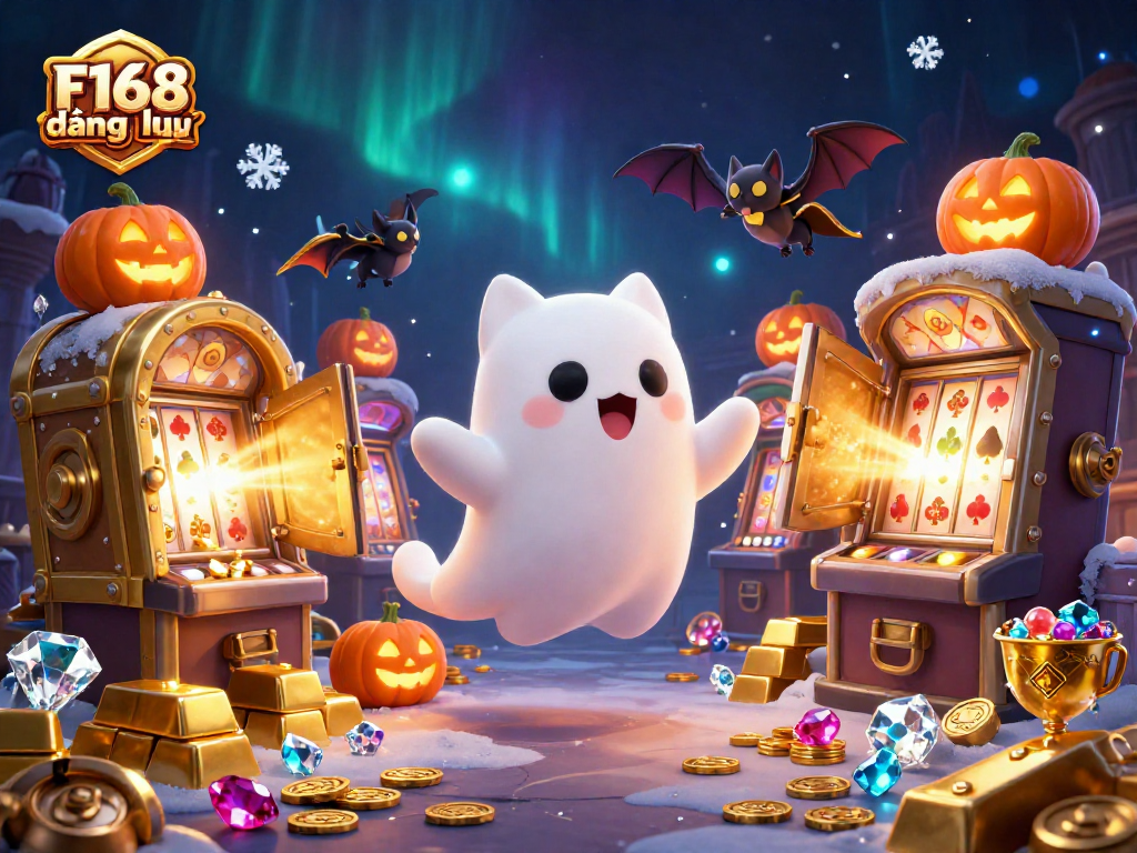 Engage with F168 đăng nhập in a haunted casino scene with a friendly ghost cat and treasures galore.