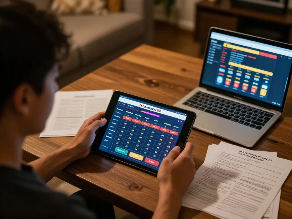 Engaging home gaming scene featuring keonhacai 88 betting interface on tablet, emphasizing strategic gameplay