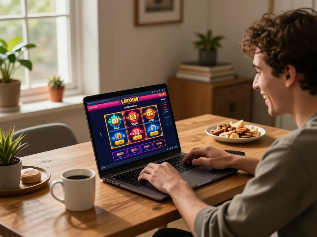 Engaged user playing LOTO188 SO on laptop with vibrant gaming graphics and cozy home atmosphere.