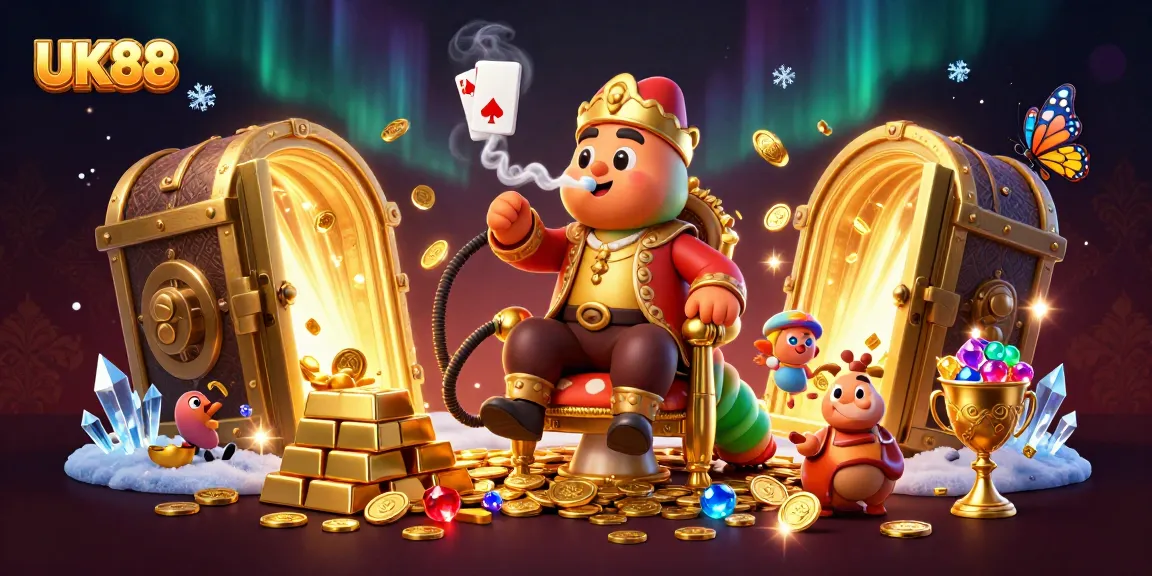 Win big at UK88 with a vibrant 3D illustration featuring an enormous caterpillar and luxurious casino elements.