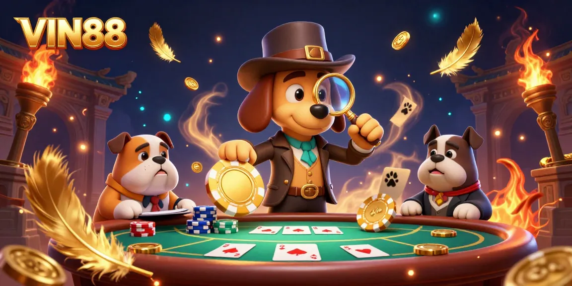 Engage in thrilling poker action at VIN88 with a 3D detective illustration showcasing clues and gold treasures.