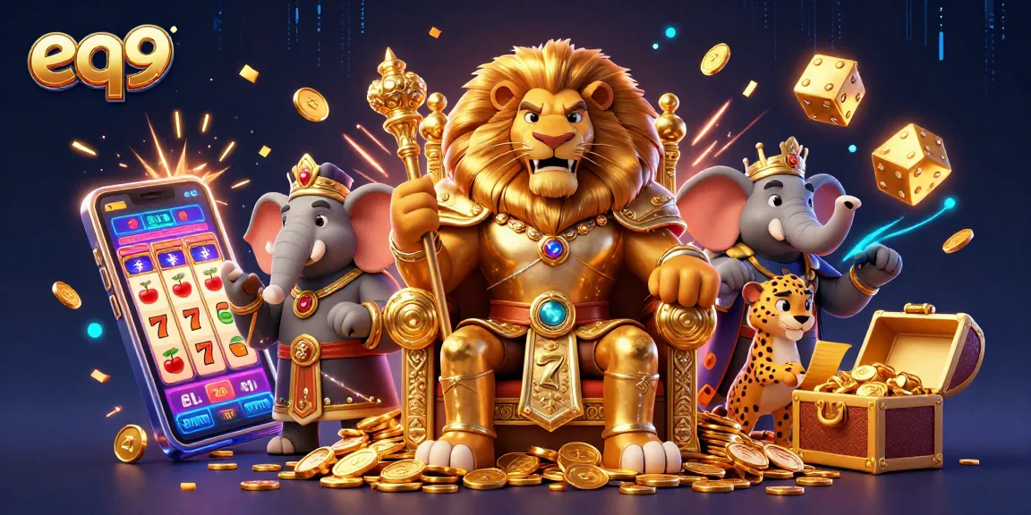 Play exciting casino games at eq9 with a vibrant illustration featuring a regal lion king, wise elephant, and quick cheetah.