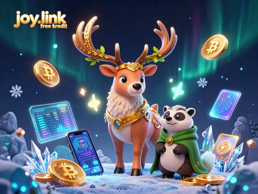 Win with joy.link free kredit in a vivid 3D casino scene featuring mystical characters and crypto elements.
