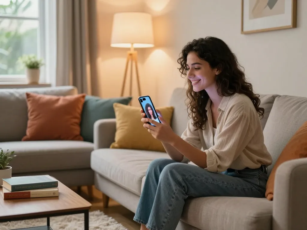 AI girlfriend chat experience in a cozy living room with a young woman and smartphone.