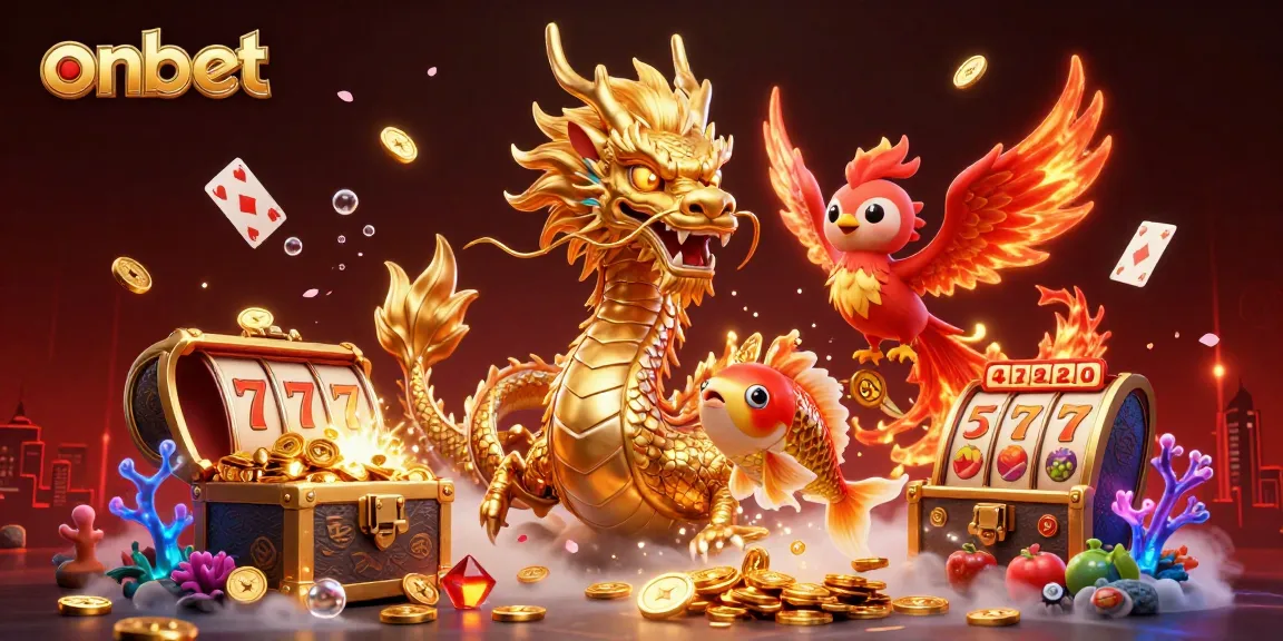 Experience dynamic gameplay at onbet featuring a fierce golden dragon and playful phoenix in a vibrant casino scene.
