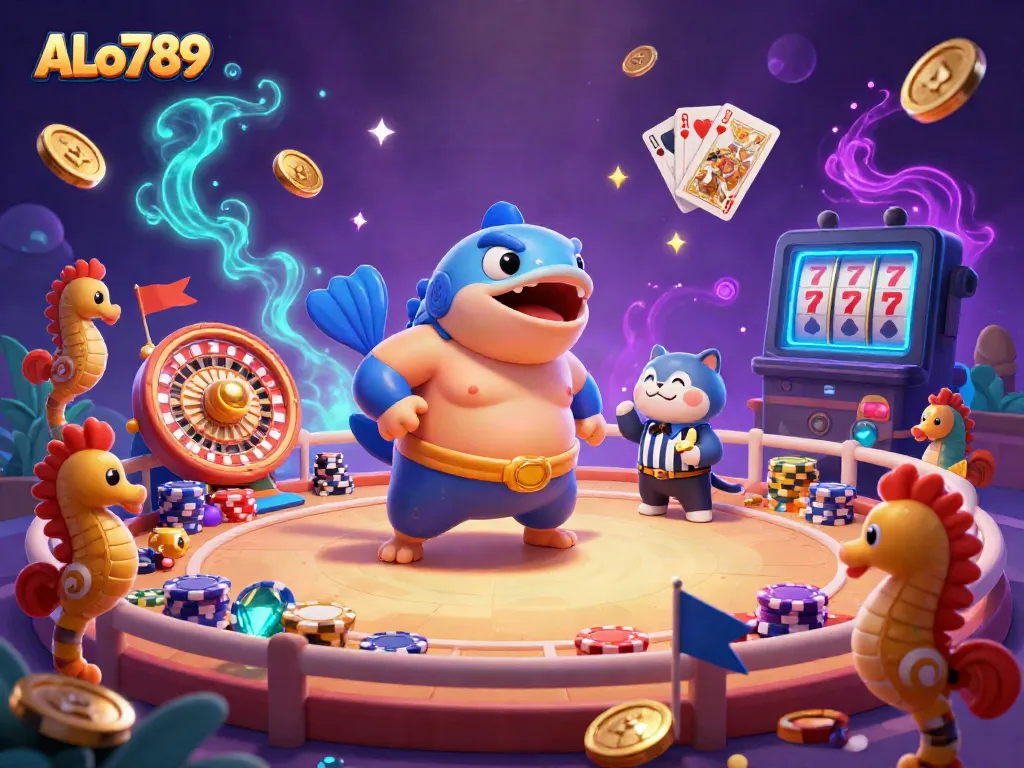 Engage with ALO789's dynamic cockfighting scene featuring a fugu champion and vibrant gameplay elements.