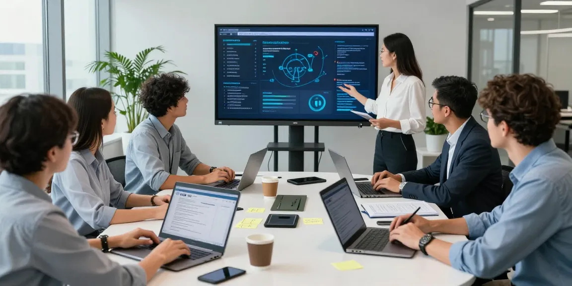 Cyber Essentials assessors collaborating in a modern office setting, analyzing compliance dashboards and security reports.