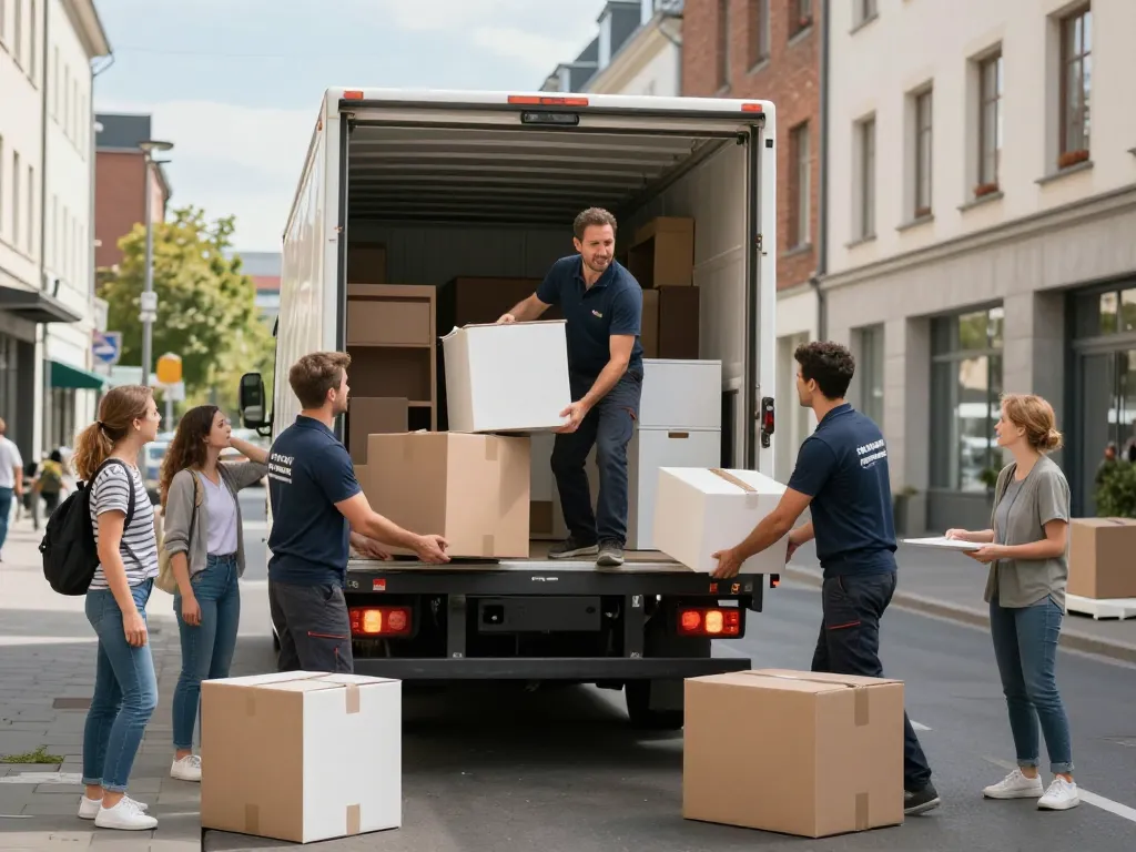 Professionelle Umzugshelfer in Hannover, die einen Familienumzug effizient mit organisiertem Teamwork und Sorgfalt während eines stressfreien Umzugs durchführen.