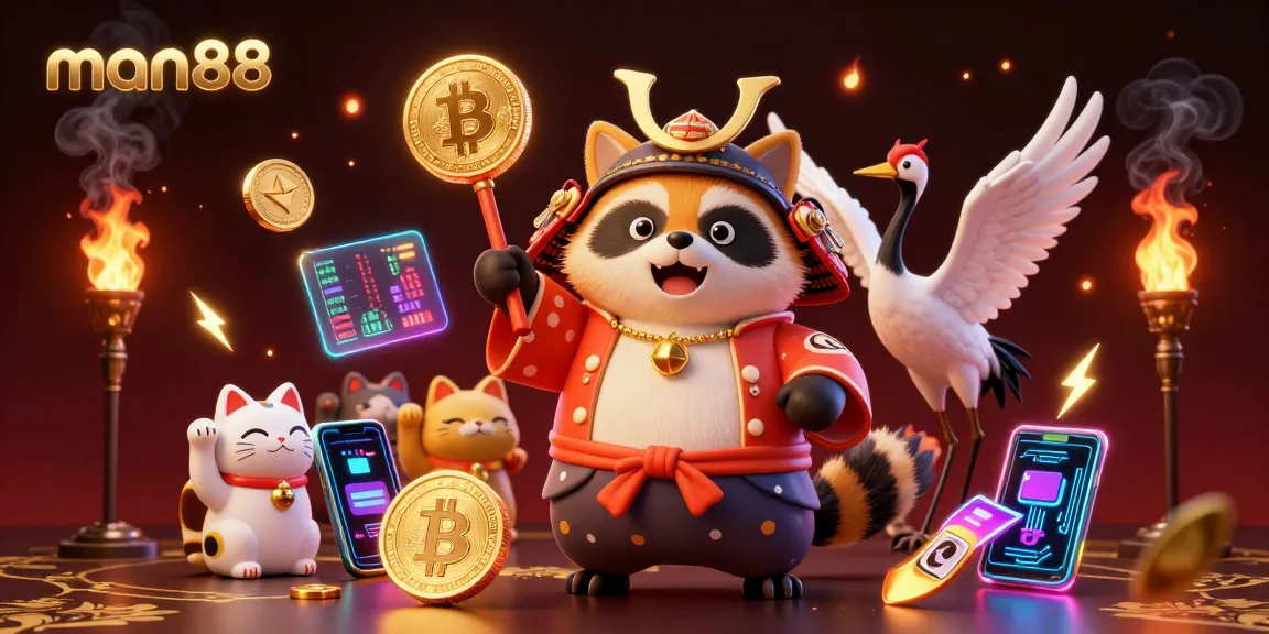 Experience man88 with a vibrant 3D casino scene featuring tanuki, crane, and fortune cats.