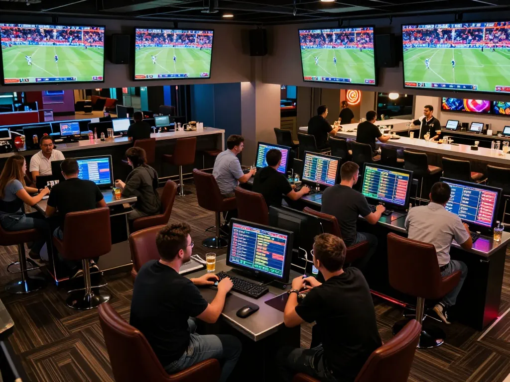 Experience the thrill of sports betting at 88vvgo with excited gamblers in a vibrant lounge.