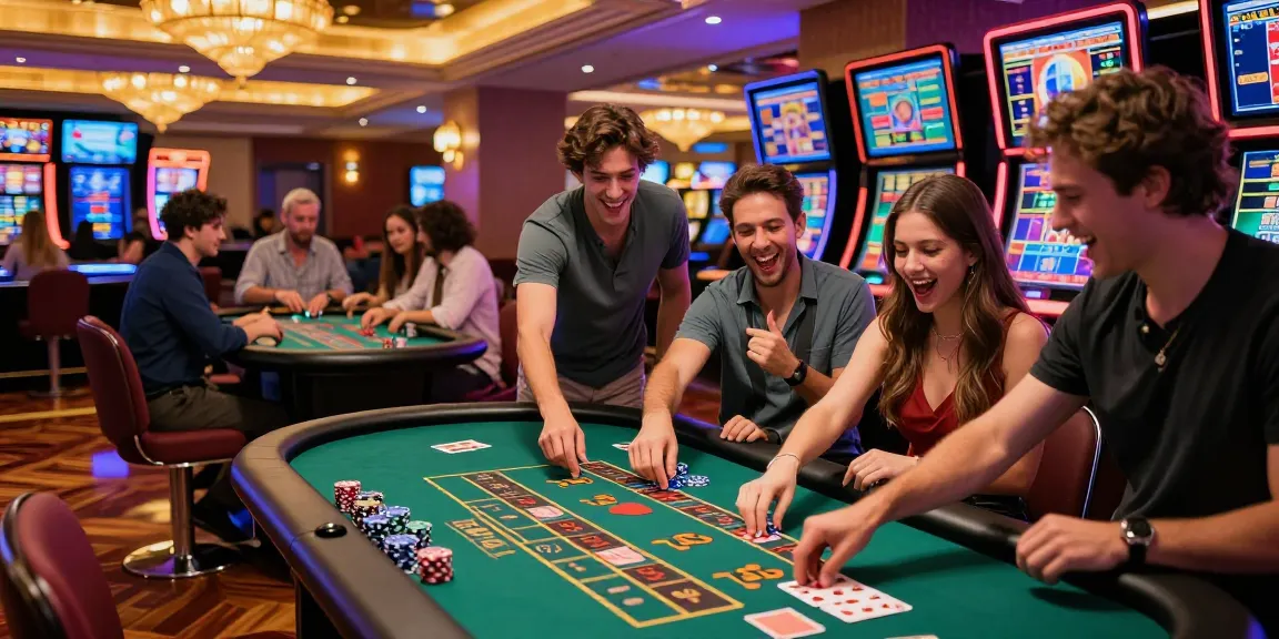 Casinò vivace con amici che giocano a roulette, evidenziando casinò sicuri non AAMS in un ambiente elegante e luminoso.